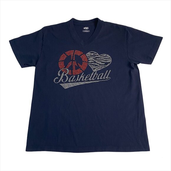 Peace ♥ Basketball Rhinestone V-Neck Tee Black Shaka Wear Women’s Large - Picture 1 of 10